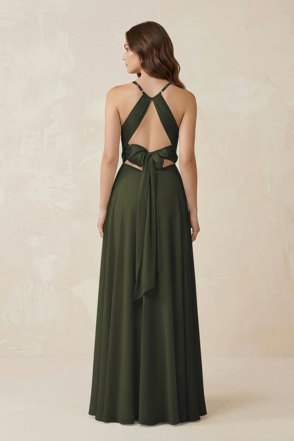 Halter A-Line Chiffon Bridesmaid Dress With Slit in Olive (2) | KISSBRIDAL
