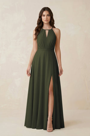 Halter A-Line Chiffon Bridesmaid Dress With Slit in Olive | KISSBRIDAL