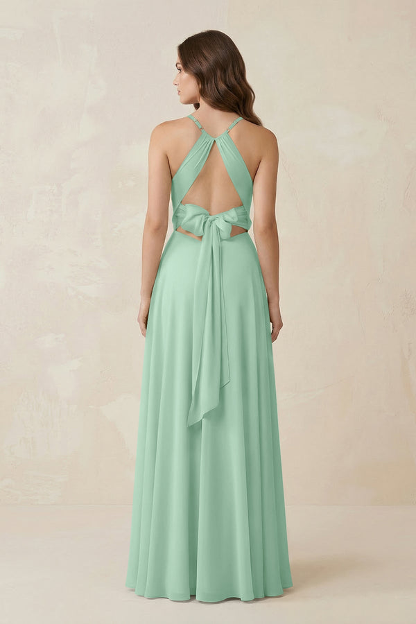 Halter A-Line Chiffon Bridesmaid Dress With Slit in Pale Pistachio (2) | KISSBRIDAL