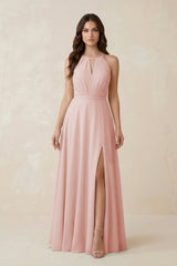 Halter A-Line Chiffon Bridesmaid Dress With Slit in Rose Petal | KISSBRIDAL