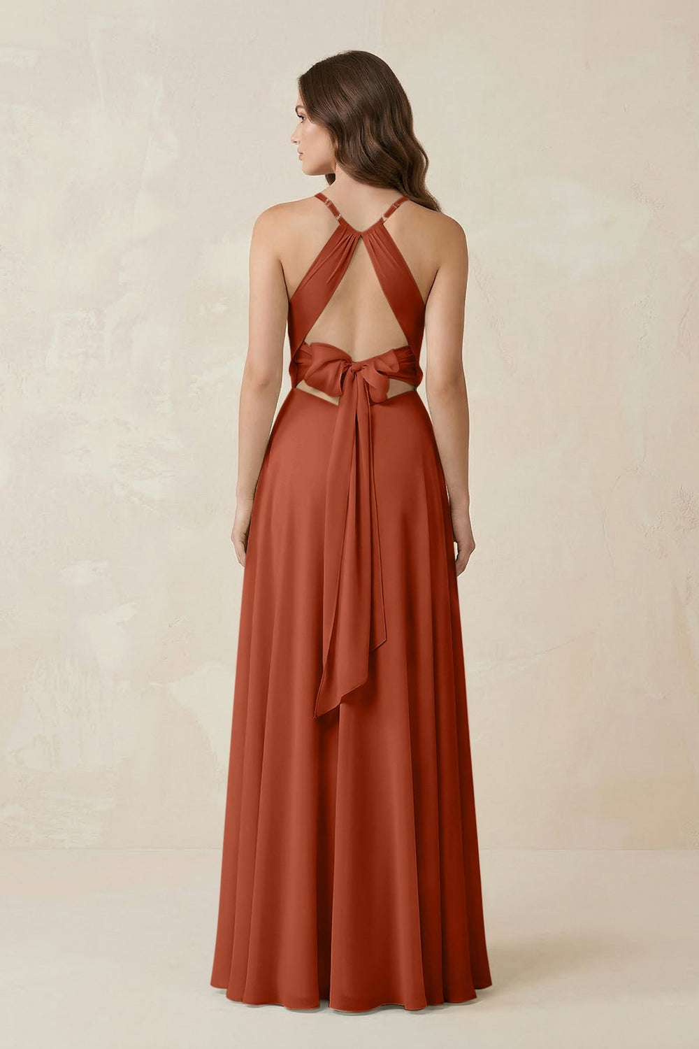 Halter A-Line Chiffon Bridesmaid Dress With Slit in Spice