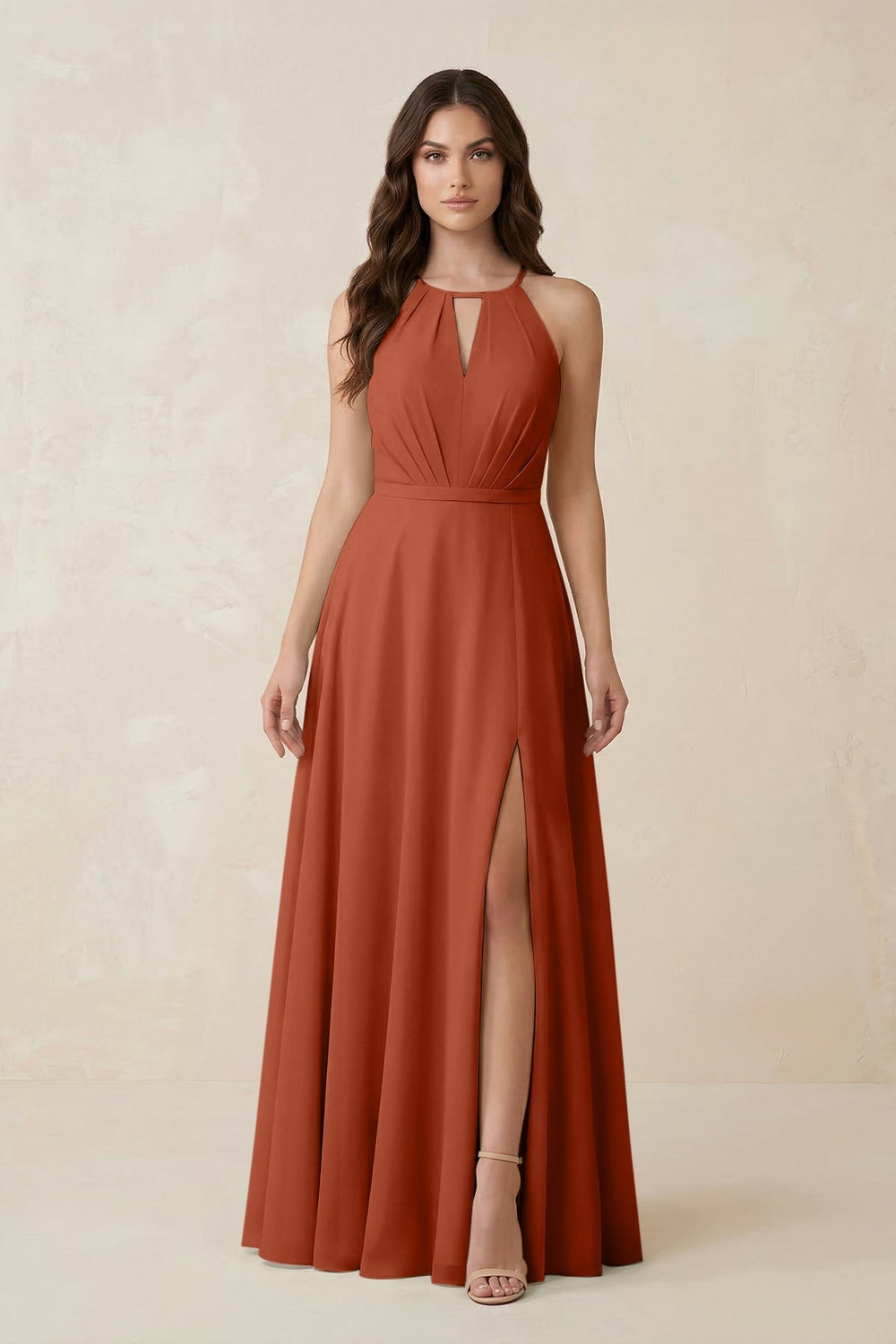 Halter A-Line Chiffon Bridesmaid Dress With Slit in Spice