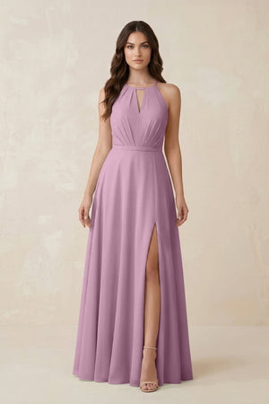 Halter A - Line Chiffon Bridesmaid Dress With Slit in Wisteria - KISS BRIDAL Bridesmaid Dresses