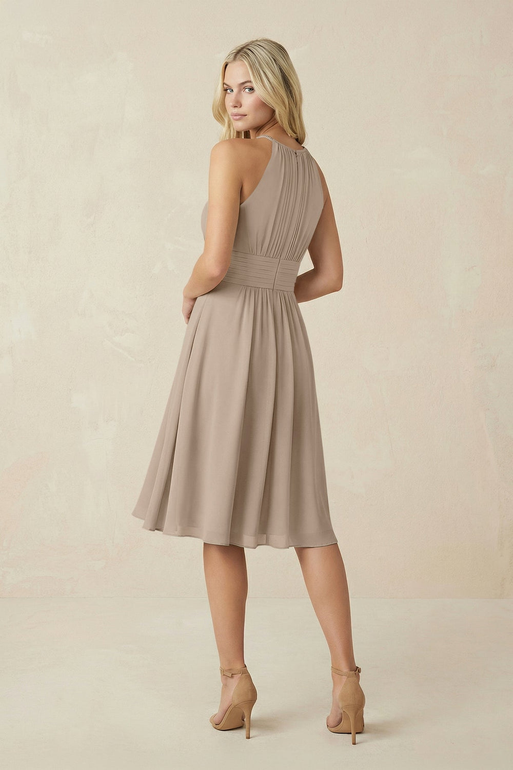 Halter A-Line Chiffon Midi Bridesmaid Dress in Almond