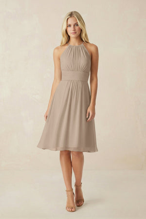 Halter A-Line Chiffon Midi Bridesmaid Dress in Almond | KISSBRIDAL