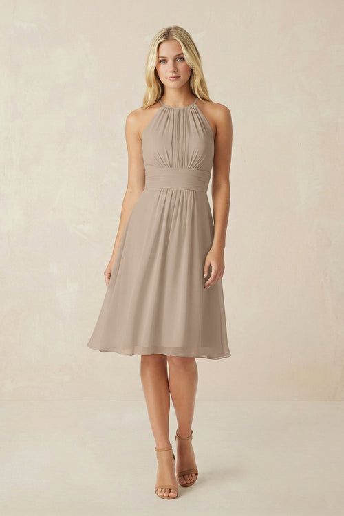 Halter A-Line Chiffon Midi Bridesmaid Dress in Almond | KISSBRIDAL