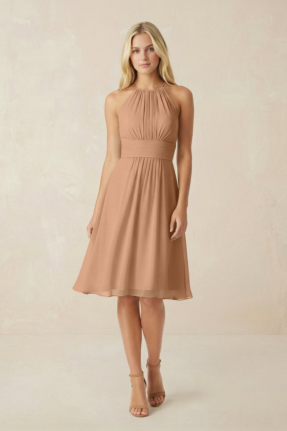 Halter A-Line Chiffon Midi Bridesmaid Dress in Bronzer