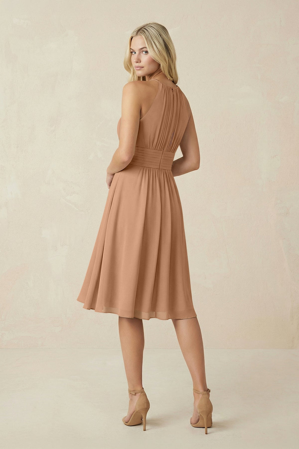 Halter A-Line Chiffon Midi Bridesmaid Dress in Bronzer