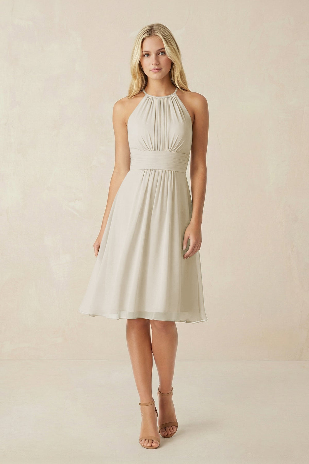 Halter A-Line Chiffon Midi Bridesmaid Dress in Dove Gray