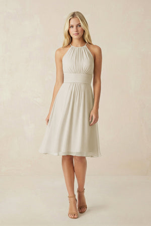 Halter A - Line Chiffon Midi Bridesmaid Dress in Dove Gray - KISS BRIDAL Bridesmaid Dresses