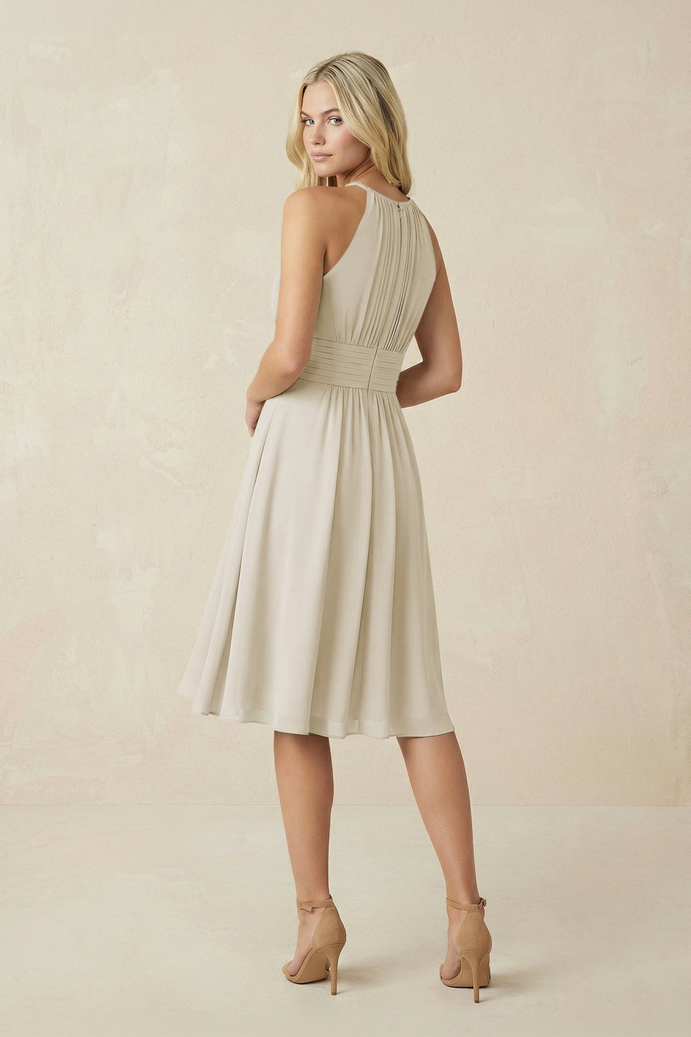 Halter A-Line Chiffon Midi Bridesmaid Dress in Dove Gray