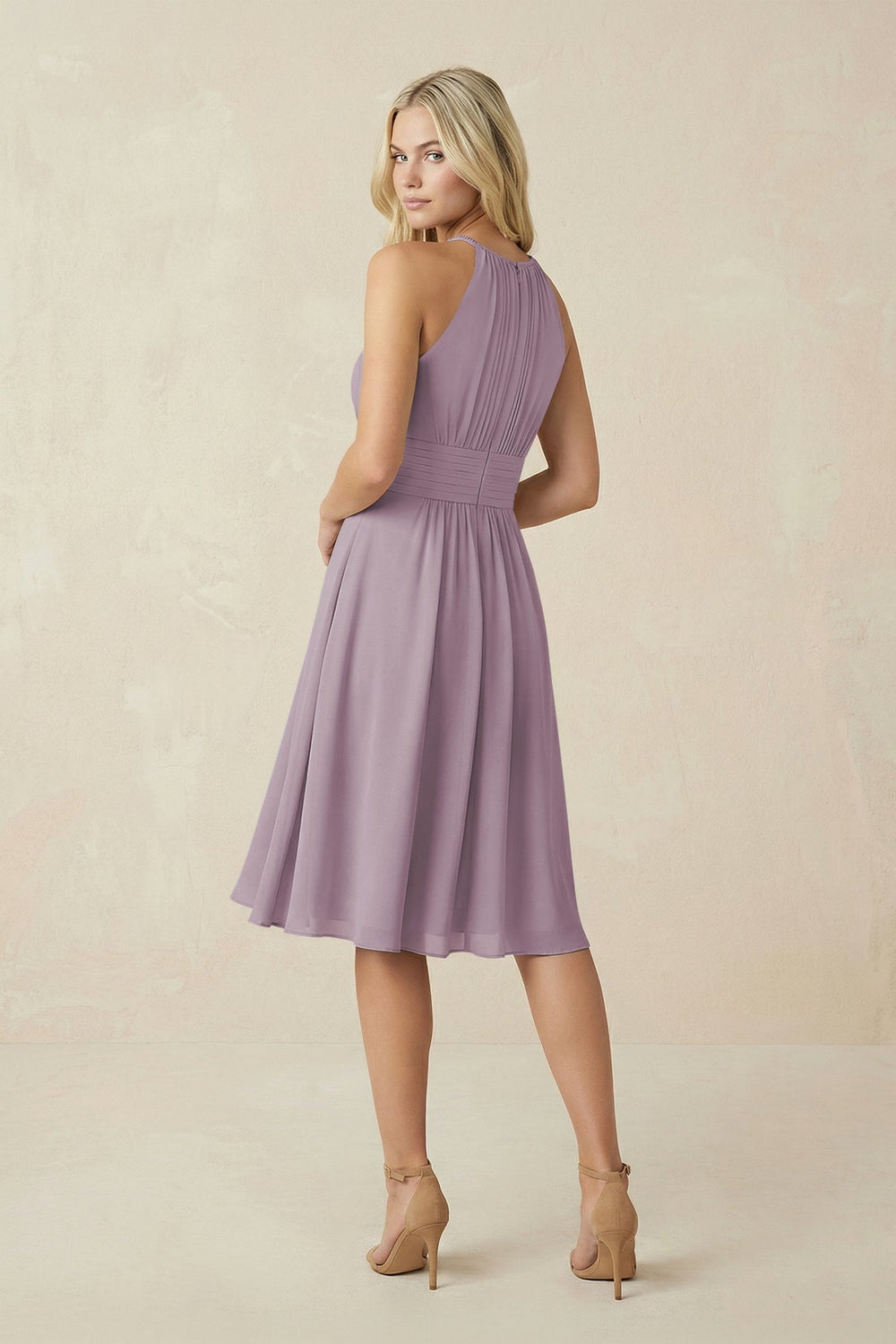 Halter A-Line Chiffon Midi Bridesmaid Dress in Dusk