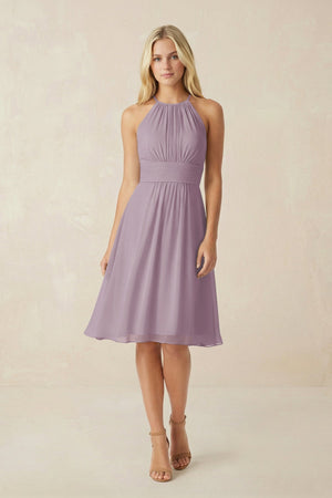 Halter A-Line Chiffon Midi Bridesmaid Dress in Dusk | KISSBRIDAL