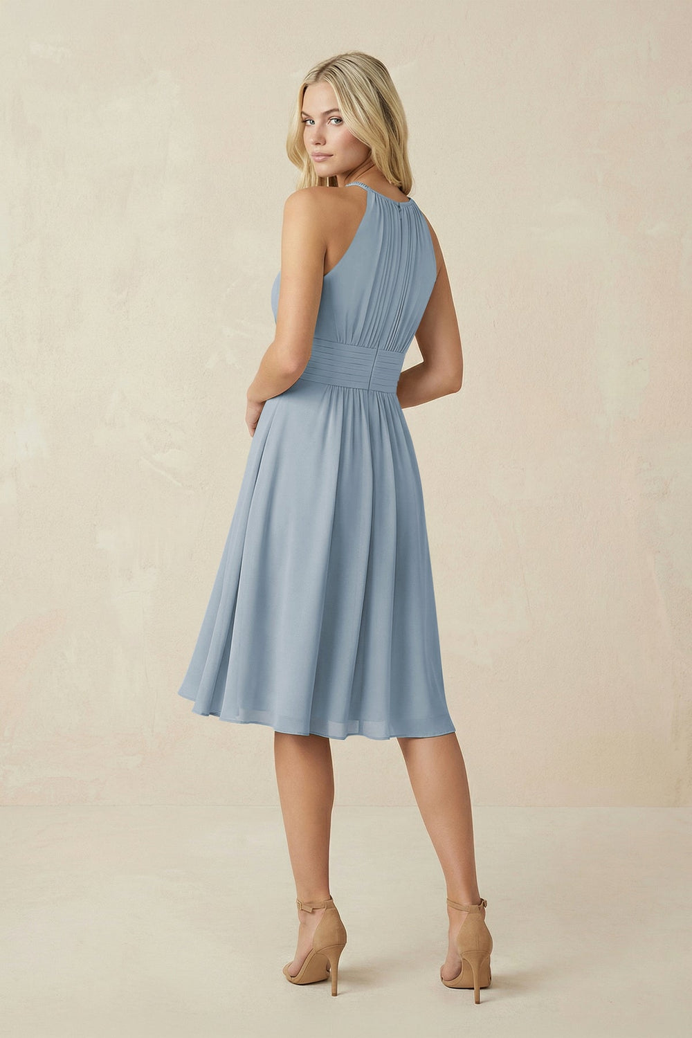 Halter A-Line Chiffon Midi Bridesmaid Dress in Dusty Blue