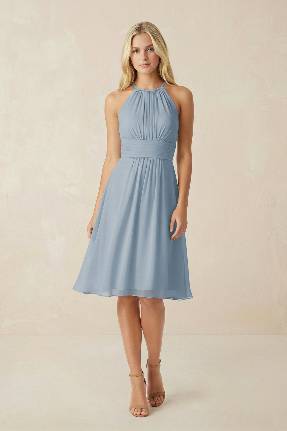 Halter A-Line Chiffon Midi Bridesmaid Dress in Dusty Blue
