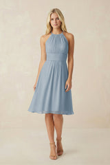 Halter A-Line Chiffon Midi Bridesmaid Dress in Dusty Blue | KISSBRIDAL