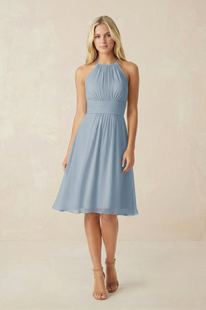 Halter A-Line Chiffon Midi Bridesmaid Dress in Dusty Blue | KISSBRIDAL