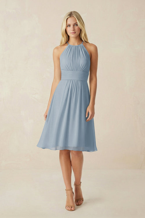 Halter A-Line Chiffon Midi Bridesmaid Dress in Dusty Blue | KISSBRIDAL
