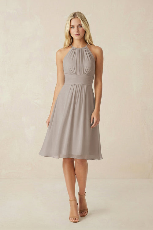 Halter A-Line Chiffon Midi Bridesmaid Dress in Frost | KISSBRIDAL