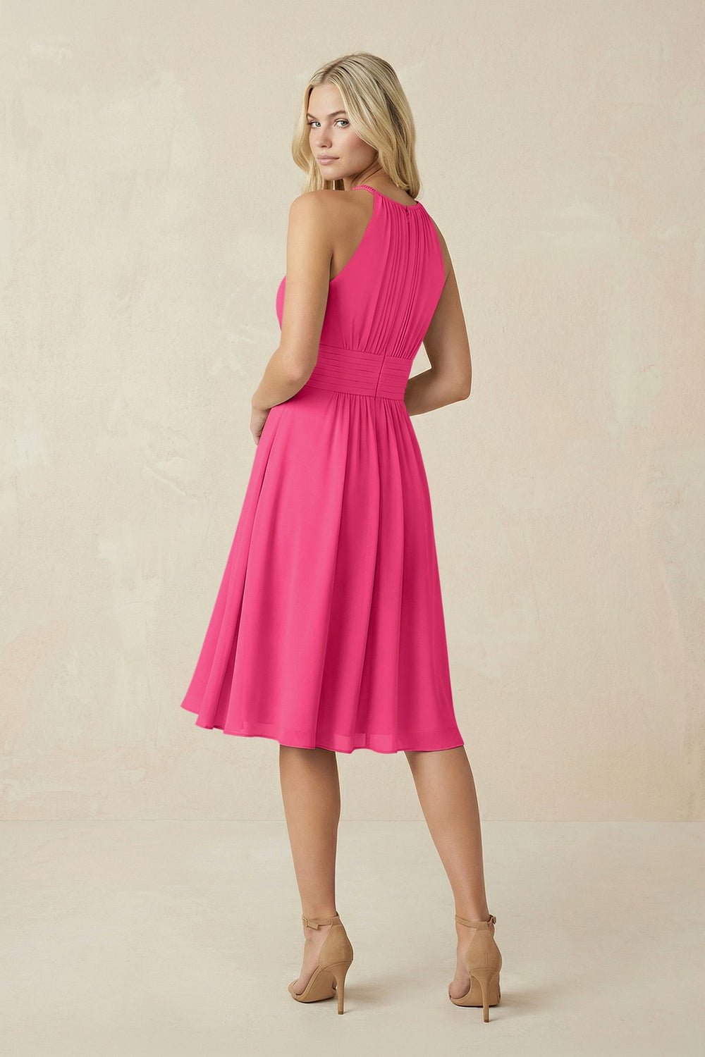Halter A-Line Chiffon Midi Bridesmaid Dress in Fuchsia