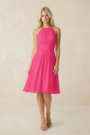 Halter A-Line Chiffon Midi Bridesmaid Dress in Fuchsia | KISSBRIDAL
