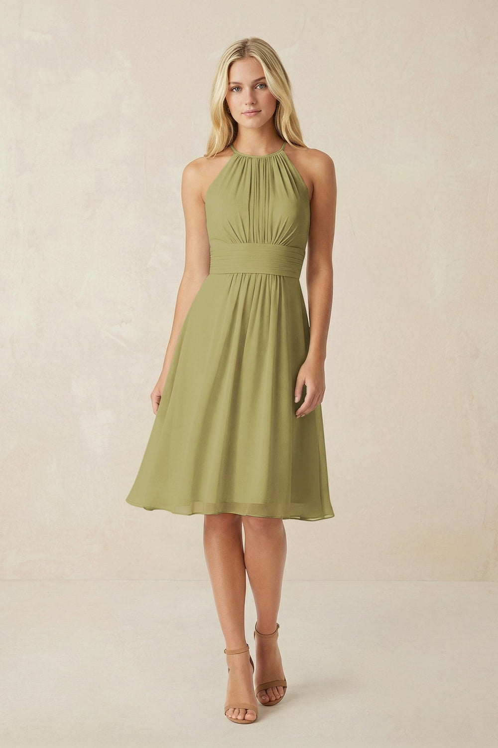Halter A-Line Chiffon Midi Bridesmaid Dress in Moss Green