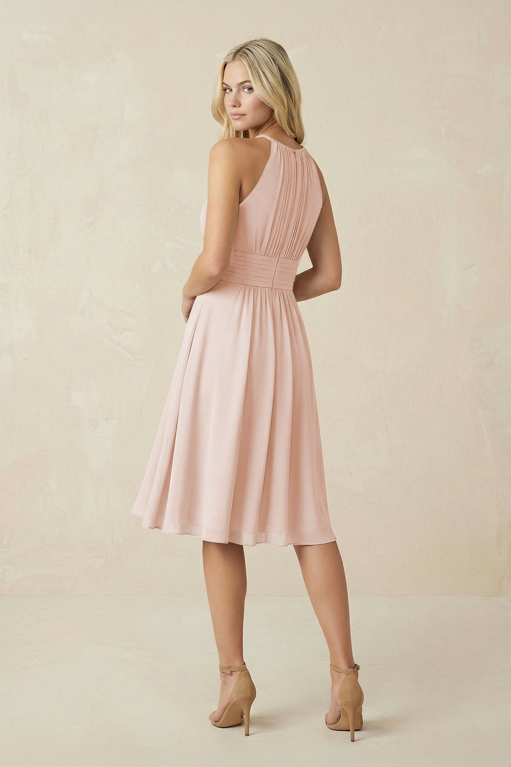 Halter A-Line Chiffon Midi Bridesmaid Dress in Pale Blush
