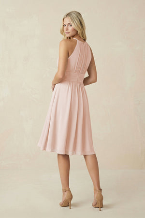 Halter A - Line Chiffon Midi Bridesmaid Dress in Pale Blush - KISS BRIDAL Bridesmaid Dresses
