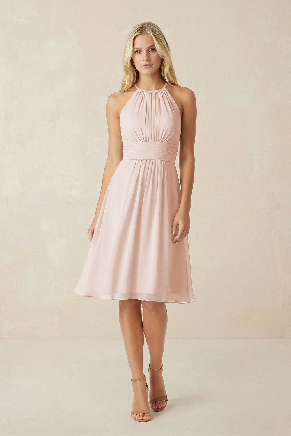 Halter A-Line Chiffon Midi Bridesmaid Dress in Pale Blush