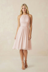 Halter A - Line Chiffon Midi Bridesmaid Dress in Pale Blush - KISS BRIDAL Bridesmaid Dresses