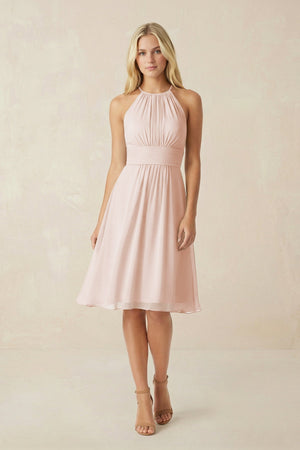 Halter A - Line Chiffon Midi Bridesmaid Dress in Pale Blush - KISS BRIDAL Bridesmaid Dresses