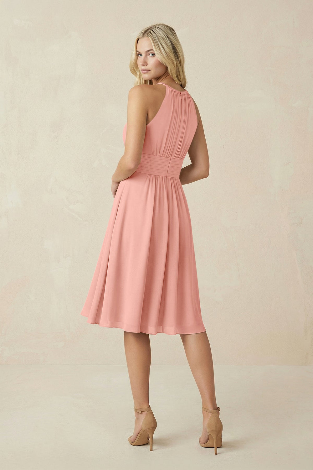 Halter A-Line Chiffon Midi Bridesmaid Dress in Rosette
