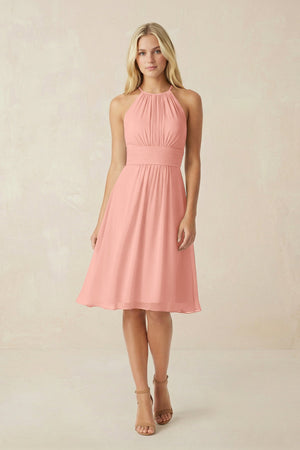 Halter A-Line Chiffon Midi Bridesmaid Dress in Rosette | KISSBRIDAL