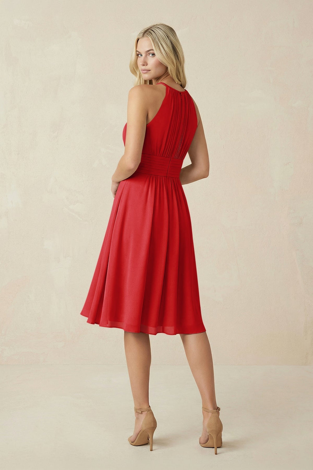 Halter A-Line Chiffon Midi Bridesmaid Dress in Ruby Red
