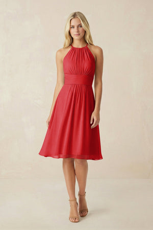 Halter A - Line Chiffon Midi Bridesmaid Dress in Ruby Red - KISS BRIDAL Bridesmaid Dresses
