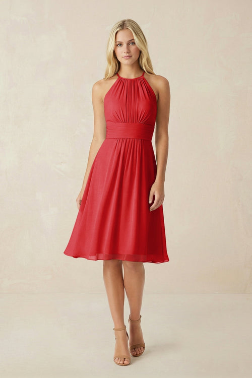 Halter A - Line Chiffon Midi Bridesmaid Dress in Ruby Red - KISS BRIDAL Bridesmaid Dresses