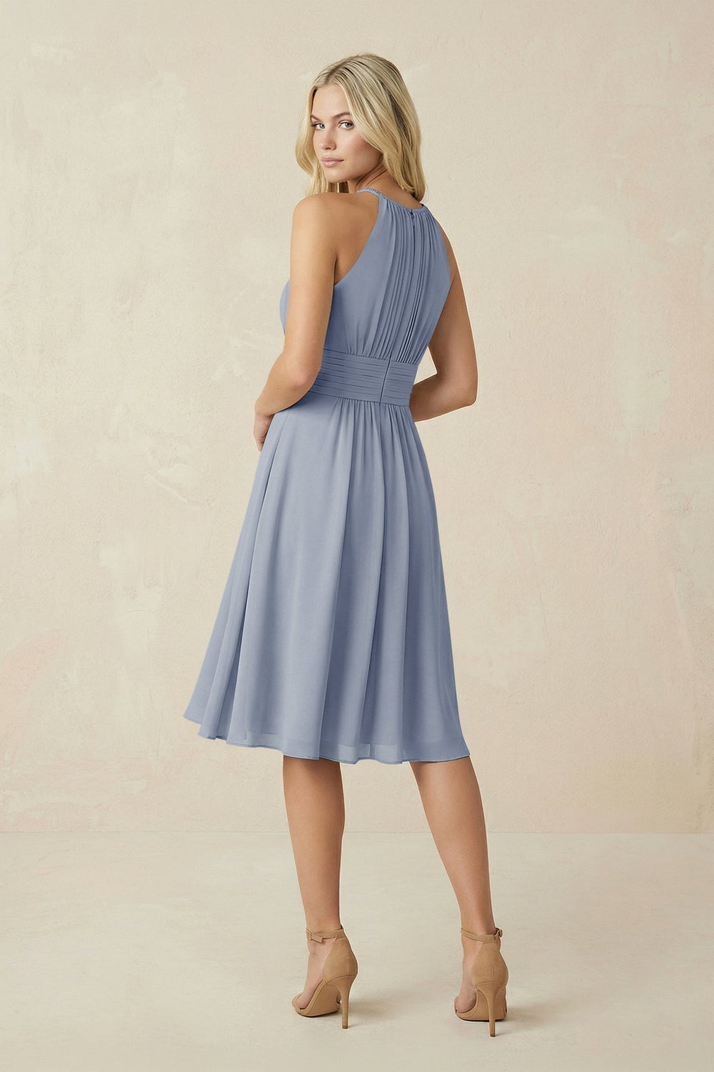 Halter A-Line Chiffon Midi Bridesmaid Dress in Twilight