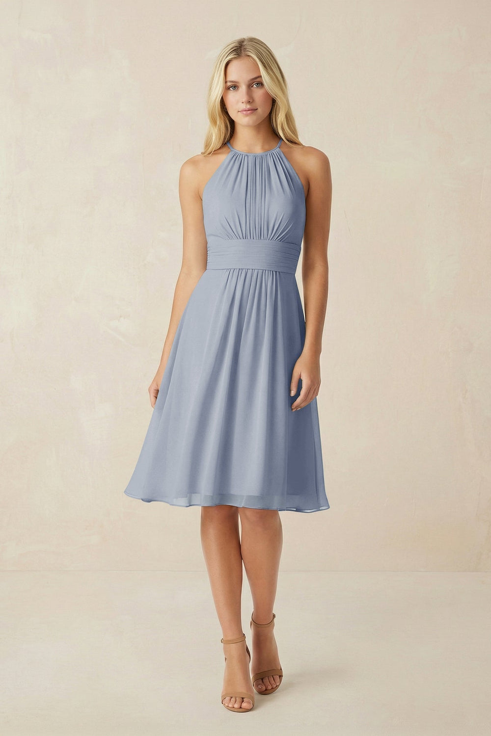 Halter A-Line Chiffon Midi Bridesmaid Dress in Twilight