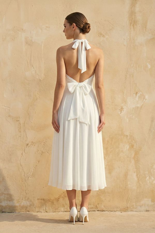Halter A Line Chiffon Wedding Dress in White - KISS BRIDAL Wedding Dresses