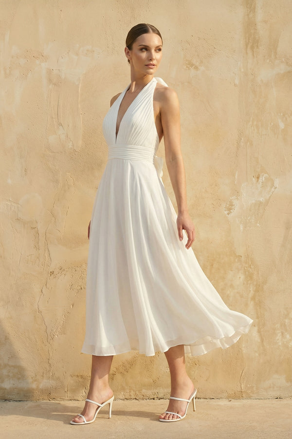 Halter A Line Chiffon Wedding Dress in White - KISS BRIDAL Wedding Dresses