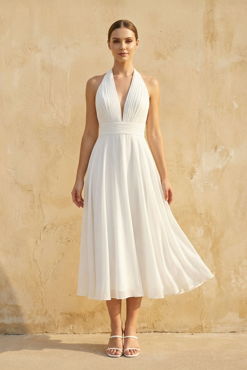 Halter A Line Chiffon Wedding Dress in White
