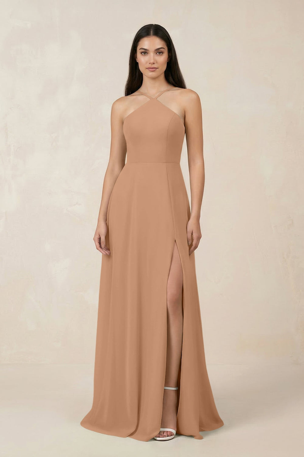 Halter Chiffon A-Line Bridesmaid Dress With Slit in Bronzer