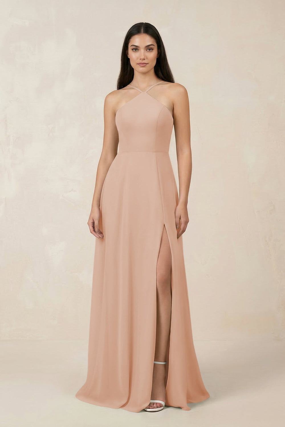 Halter Chiffon A-Line Bridesmaid Dress With Slit in Champagne Rose