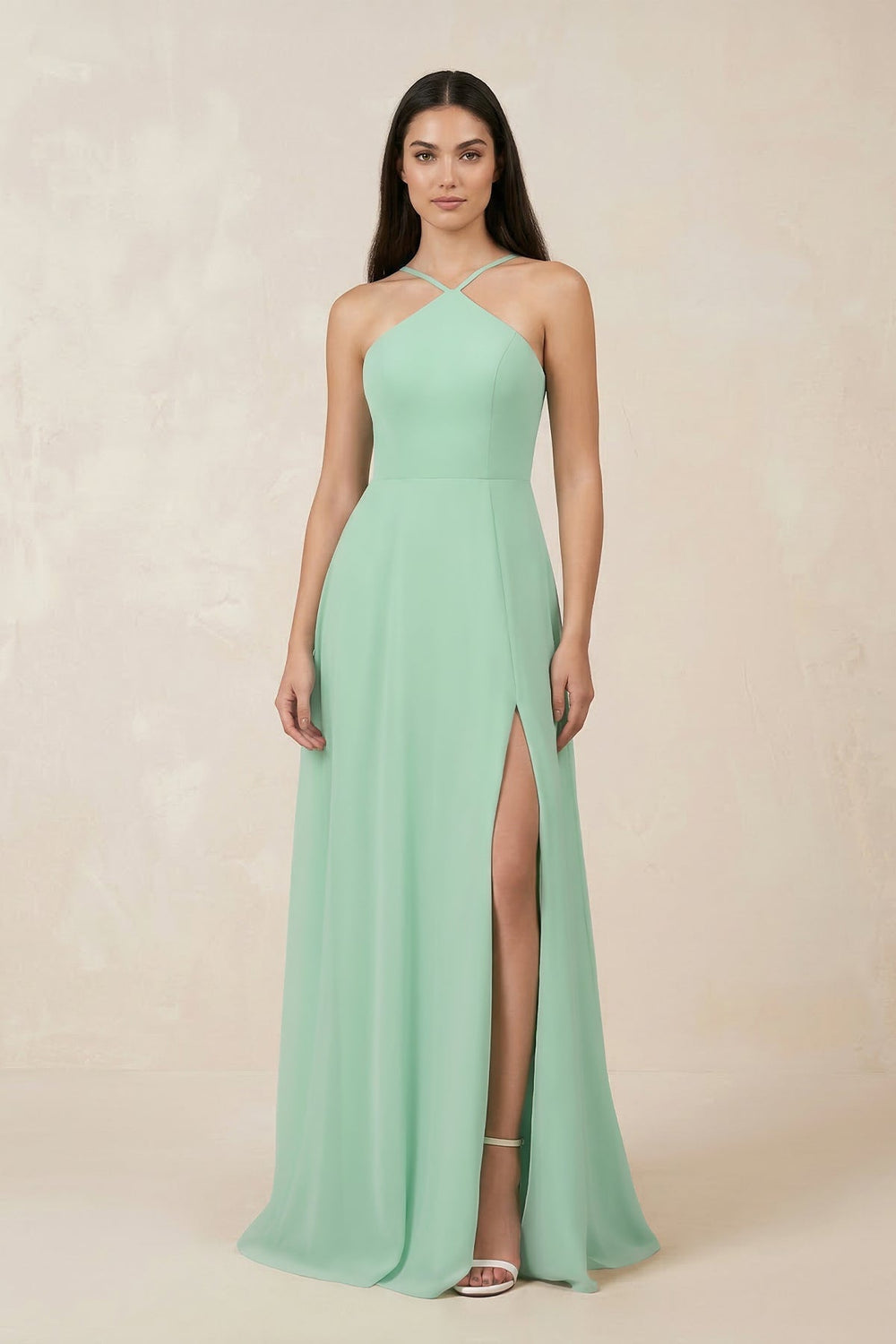 Halter Chiffon A-Line Bridesmaid Dress With Slit in Pale Pistachio