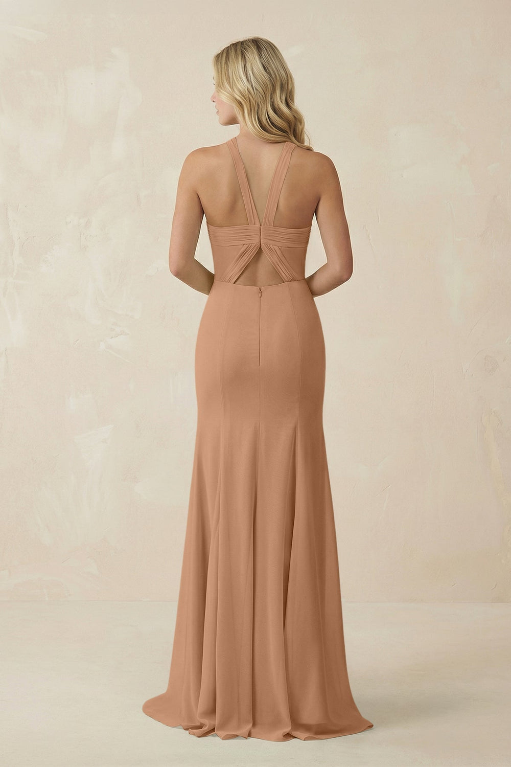 Halter Chiffon Mermaid Ruched Bridesmaid Dress in Bronzer