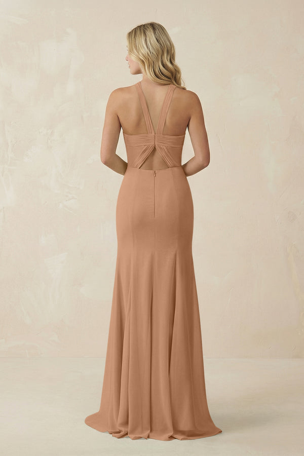Halter Chiffon Mermaid Ruched Bridesmaid Dress in Bronzer - KISS BRIDAL Bridesmaid Dresses