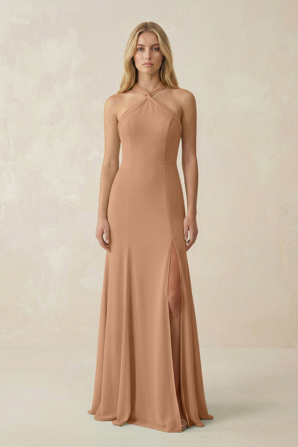 Halter Chiffon Mermaid Ruched Bridesmaid Dress in Bronzer