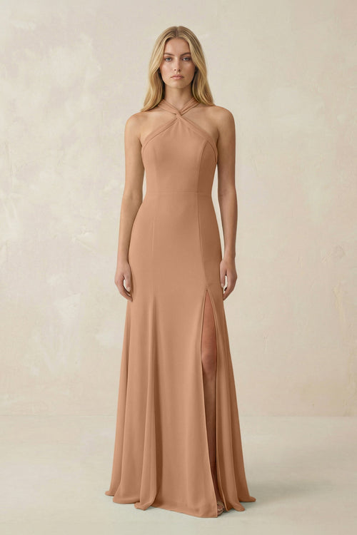 Halter Chiffon Mermaid Ruched Bridesmaid Dress in Bronzer - KISS BRIDAL Bridesmaid Dresses
