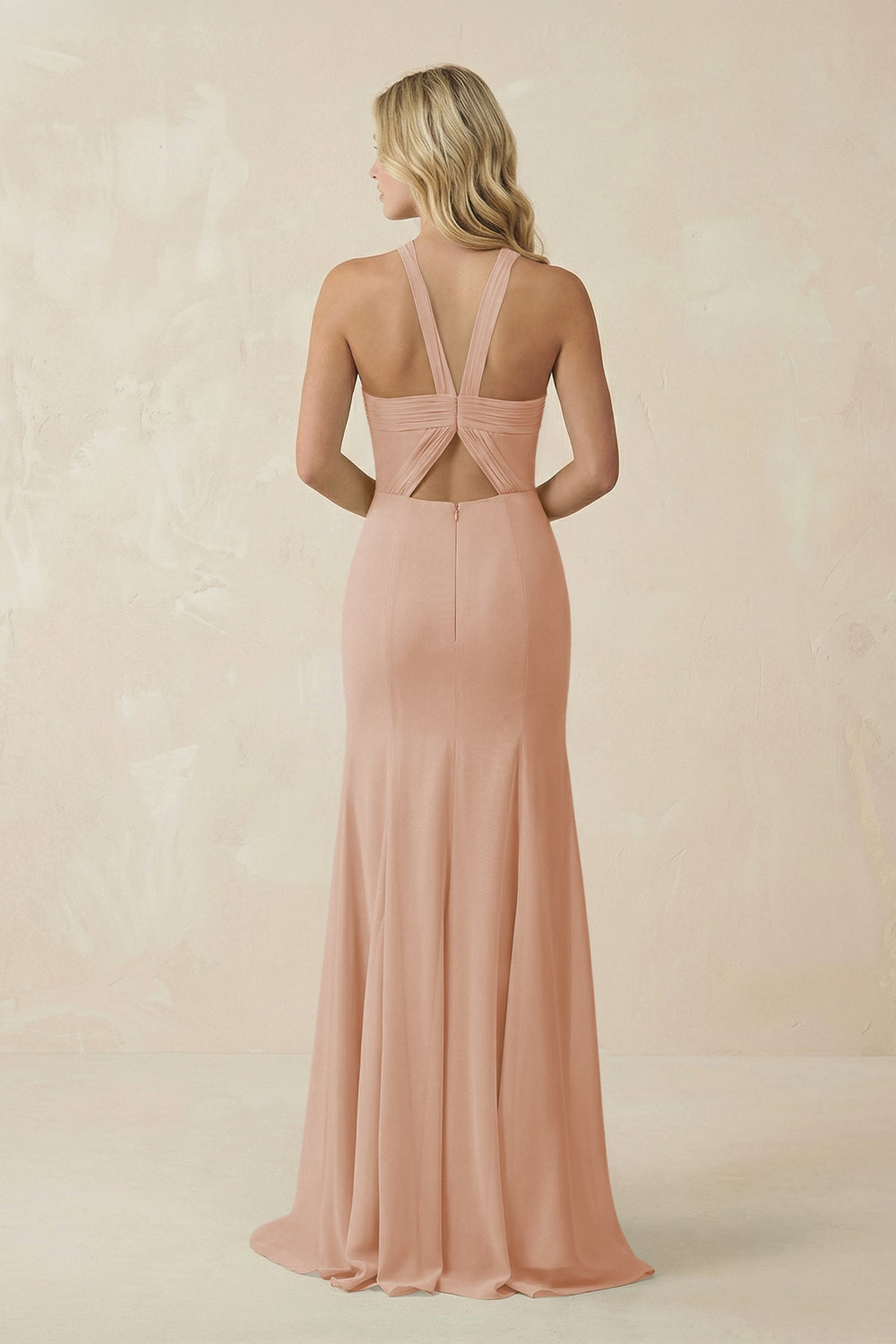 Halter Chiffon Mermaid Ruched Bridesmaid Dress in Champagne Rose