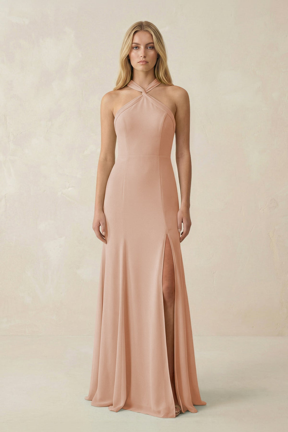 Halter Chiffon Mermaid Ruched Bridesmaid Dress in Champagne Rose